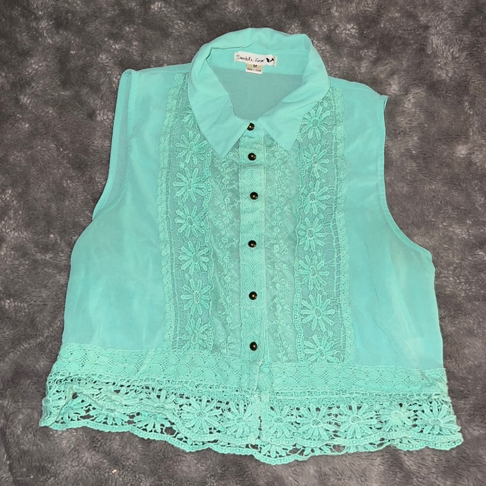 M Double Zero Teal Crop Top with Floral Lace Accents